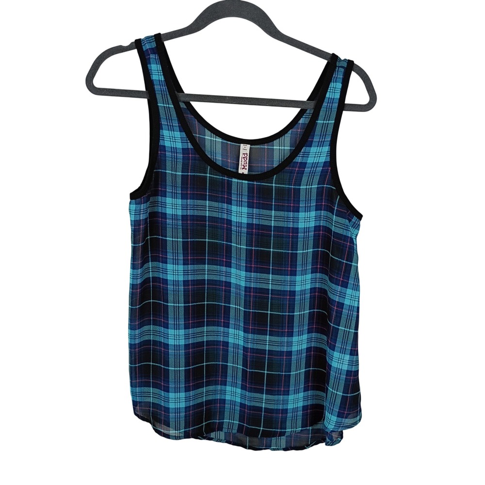 Mudd Womens Blue Teal Plaid Sheer Tank Top Scoop Neck Sleeveless Blouse Medium